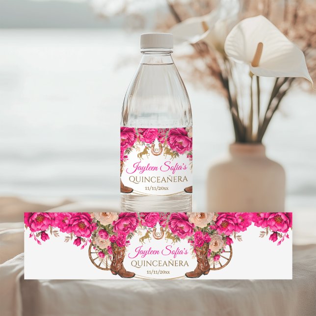 Rótulo De Garrafa De Vinho Botas de Cowboy de Ouro Rosa Fúcsia Quinceañera (Criador carregado)