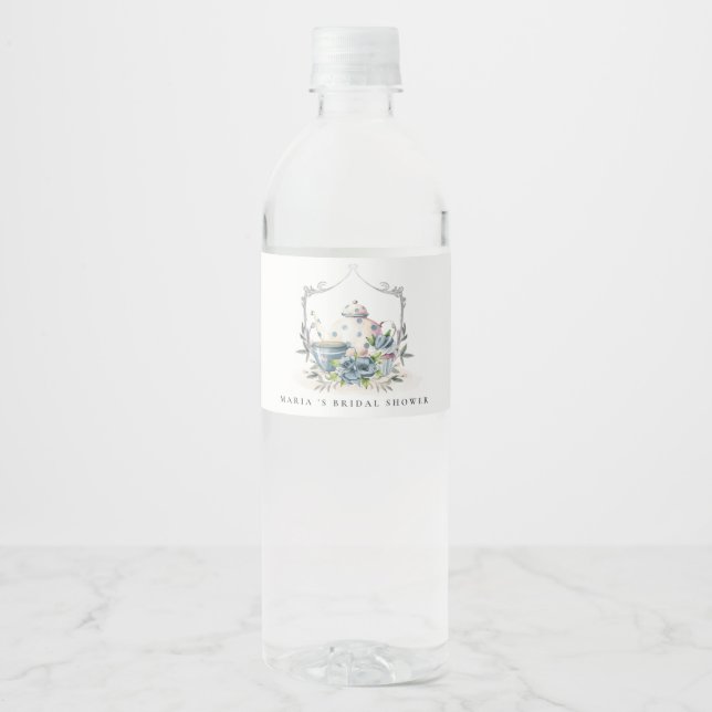 Rótulo De Garrafa De Vinho Bule Charming Aqua Azul Floral Crista Chávena Fest (Frente)