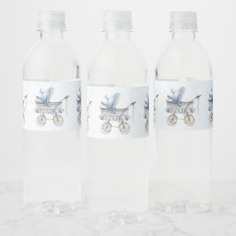 Rótulo De Garrafa De Vinho Carrinho de Bebê Clássico Fofo Azul Floral Festa