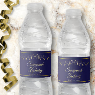 Rótulo De Garrafa De Vinho Casamento Azul-Marinho Floral Dourado Elegante