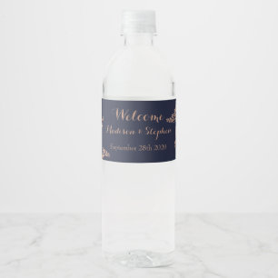 Rótulo De Garrafa De Vinho Casamento Azul Naval Elegante e Dourado Rosa Falso