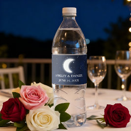 Rótulo De Garrafa De Vinho Casamento Celestial Aquarela Céu Azul Lua Estrelas