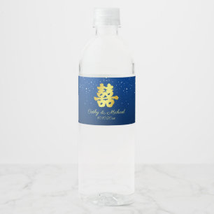 Rótulo De Garrafa De Vinho Casamento chinês azul floco de neve dupla felicida