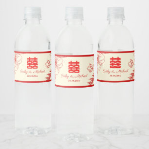 Rótulo De Garrafa De Vinho Casamento chinês vermelho bege floral oriental