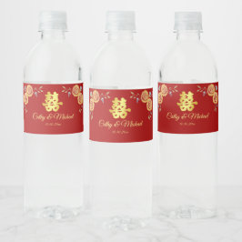 Rótulo De Garrafa De Vinho Casamento chinês vermelho laranja floral dupla fel