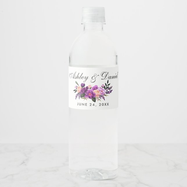 Rótulo De Garrafa De Vinho Casamento com Aquarela Floral Roxo Ultra Violeta (Frente)