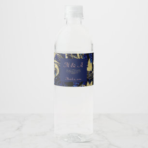 Rótulo De Garrafa De Vinho Casamento com Borboleta Dourada Real Azul