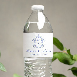 Rótulo De Garrafa De Vinho Casamento com Brasão de Monograma Chinesice Azul E