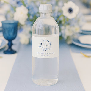 Rótulo De Garrafa De Vinho Casamento com Monograma Floral em Azul Desbotado