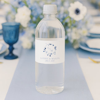 Rótulo De Garrafa De Vinho Casamento com Monograma Floral em Azul Empoeirado