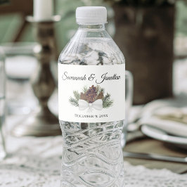 Rótulo De Garrafa De Vinho Casamento com Pinhas e Galhos de Pinheiro em Aquar