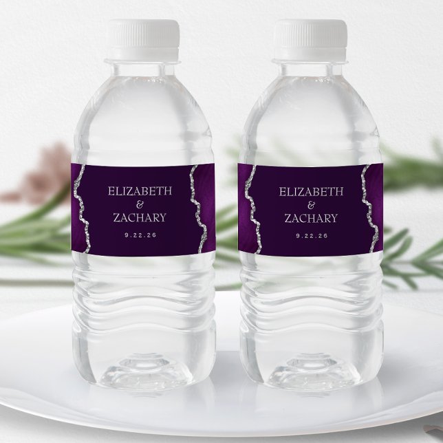 Rótulo De Garrafa De Vinho Casamento de Ágata com Brilho Prateado Roxo e Amei (Criador carregado)