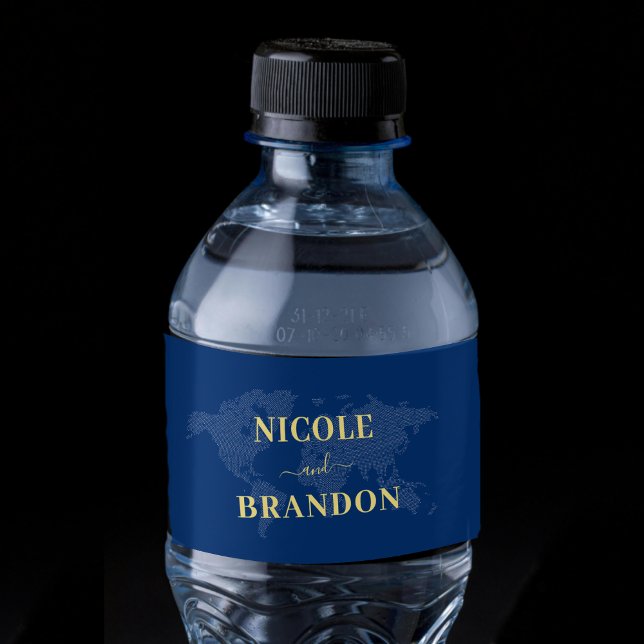 Rótulo De Garrafa De Vinho Casamento de Destino do Mapa do Mundo Azul (Blue World Map Destination Wedding Water Bottle Label)
