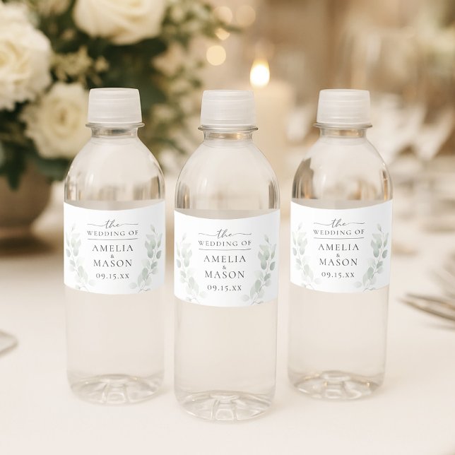 Rótulo De Garrafa De Vinho Casamento de Eucalyptus Botânico Elegante (Elegant Botanical Eucalyptus Wedding Water Bottle Label)