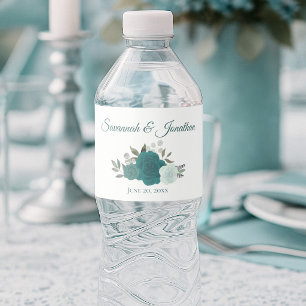 Rótulo De Garrafa De Vinho Casamento de Rosas Elegantes Rustic Teal & Turquoi