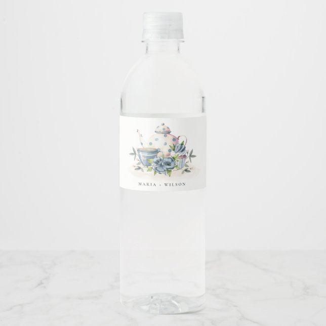 Rótulo De Garrafa De Vinho Casamento de Taça Floral Azul Aqua Azul Elegante (Frente)