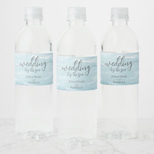 Rótulo De Garrafa De Vinho Casamento de verão pelo mar azul ondulado, ombre o