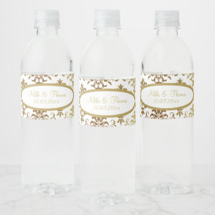 Rótulo De Garrafa De Vinho Casamento Dourado de Script Branco Damask Elegante