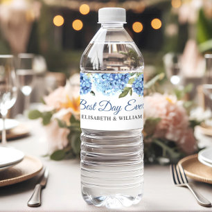 Rótulo De Garrafa De Vinho Casamento Eucalyptus com Hydrangea Azul Elegante