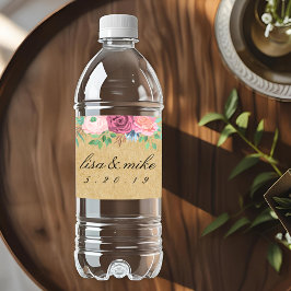 Rótulo De Garrafa De Vinho Casamento Floral Aquarela Kraft Rústico