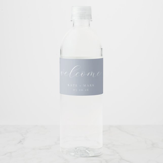 Rótulo De Garrafa De Vinho Casamento Floral Azul Delicado (Frente)