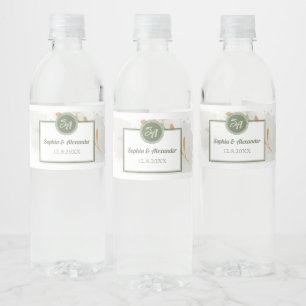 Rótulo De Garrafa De Vinho Casamento Floral com Moldura de Ouro Elegante e Fo