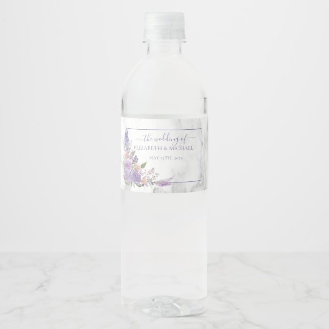 Rótulo De Garrafa De Vinho Casamento Floral da Lavanda rustica Marble (Frente)