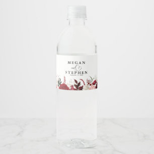 Rótulo De Garrafa De Vinho Casamento Floral Romântico de Aquarela Burgundy