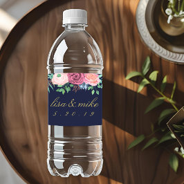 Rótulo De Garrafa De Vinho Casamento Floral Rústico Azul Marinho