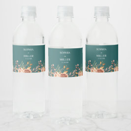 Rótulo De Garrafa De Vinho Casamento Floral Terracota Aquarela Azul Outono