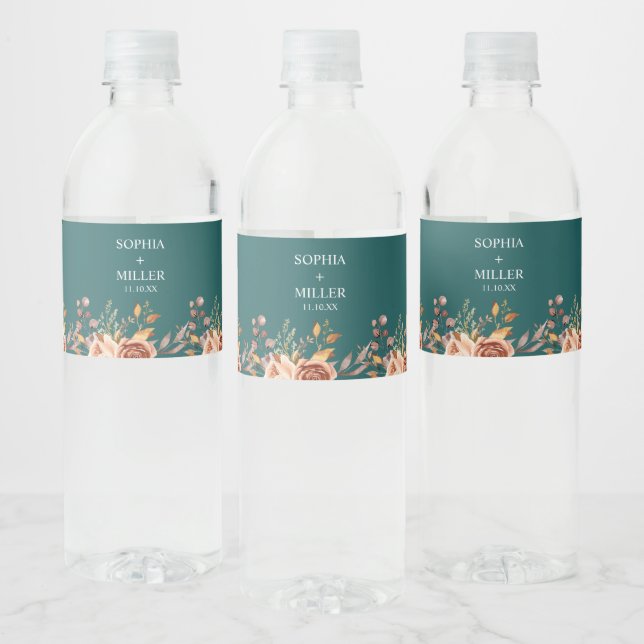 Rótulo De Garrafa De Vinho Casamento Floral Terracota Aquarela Azul Outono (Garrafas)