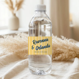 Rótulo De Garrafa De Vinho Casamento Listra de Pêssego Retrô Azul Meia-Noite
