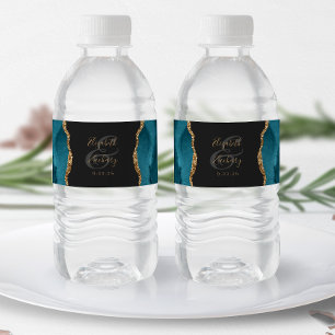 Rótulo De Garrafa De Vinho Casamento Moderno Azul Turquesa Dourado Ágata Escu