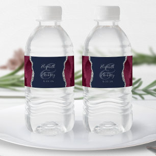 Rótulo De Garrafa De Vinho Casamento Moderno Burgundy Prata Ágata Azul Marinh