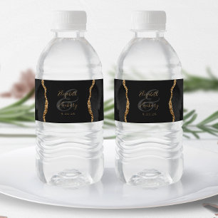 Rótulo De Garrafa De Vinho Casamento Moderno Preto Dourado Ágata Escura