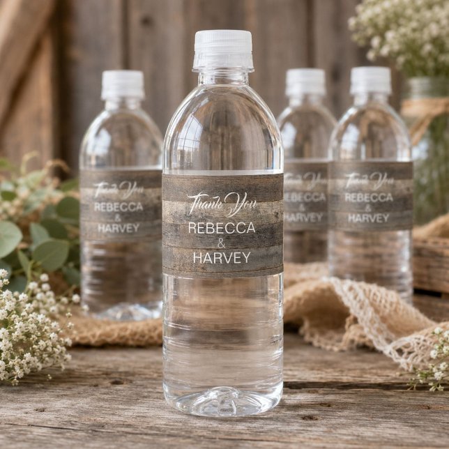Rótulo De Garrafa De Vinho casamento rústico ocidental country grão de madeir (rustic western country woodgrain barn wedding water bottle label)