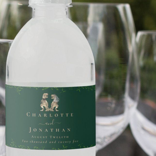Rótulo De Garrafa De Vinho Casamento Temático de Dinossauros Verde Escuro (dark green Dinosaur wedding personalized water bottle labels Eucalyptus foliage T-Rex bride & groom )