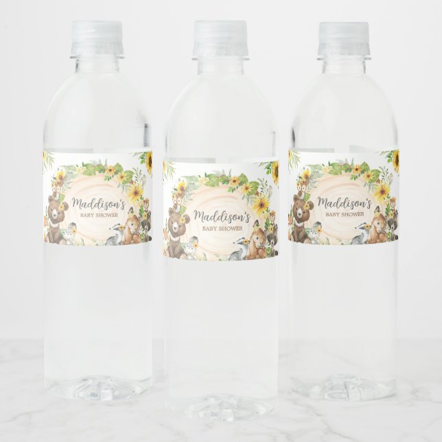 Rótulo De Garrafa De Vinho Chá de Bebê Animais do Bosque de Girassóis (Garrafas)