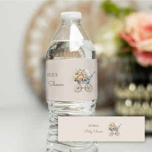 Rótulo De Garrafa De Vinho Chá de Bebê Carruagem de Bebê Floral Boho
