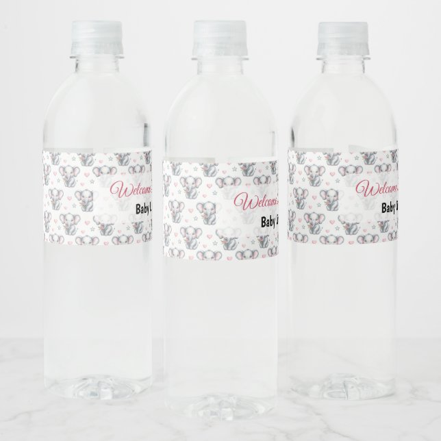 Rótulo De Garrafa De Vinho Chá de Bebê de Elefante Rosa em Aquarela (Garrafas)