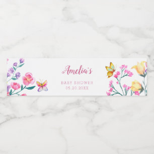 Rótulo De Garrafa De Vinho Chá de Bebê Jardim de Borboletas Florais Fofas