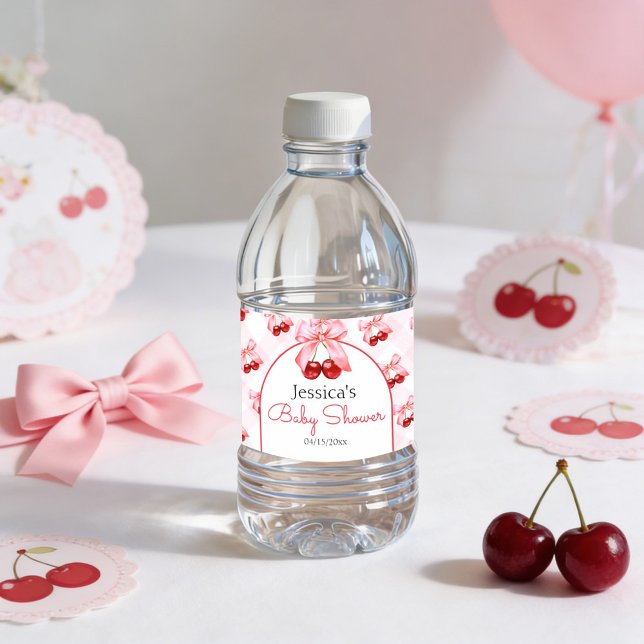 Rótulo De Garrafa De Vinho Chá de Bebê Menina Arco Rosa Cereja (Pink bow and cherry baby shower water bottle labels)