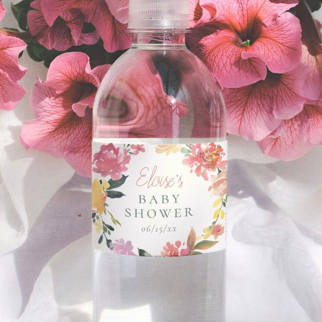 Rótulo De Garrafa De Vinho Chá de Bebê Menina Elegante Flores da Primavera (Criador carregado)