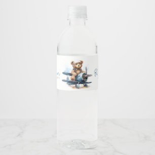 Rótulo De Garrafa De Vinho Chá de Bebê Menino Avião Aquarela Ursinho