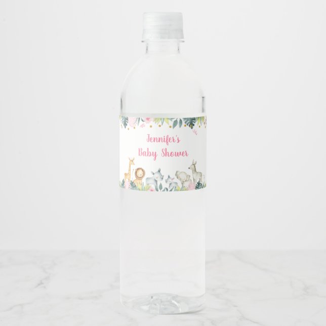 Rótulo De Garrafa De Vinho Chá de fraldas da Selva Safari Rosa (Frente)