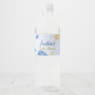 Rótulo De Garrafa De Vinho Chá de fraldas de Abóbora Floral Azul Elegante