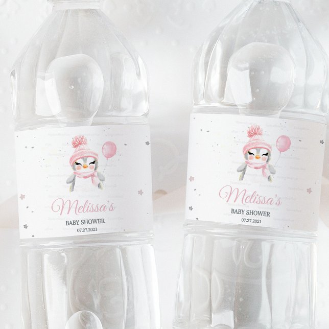 Rótulo De Garrafa De Vinho Chá de fraldas de Pinguim Inverno (Winter penguin baby shower water bottle label, penguin theme water bottle labels, personalized pengu)