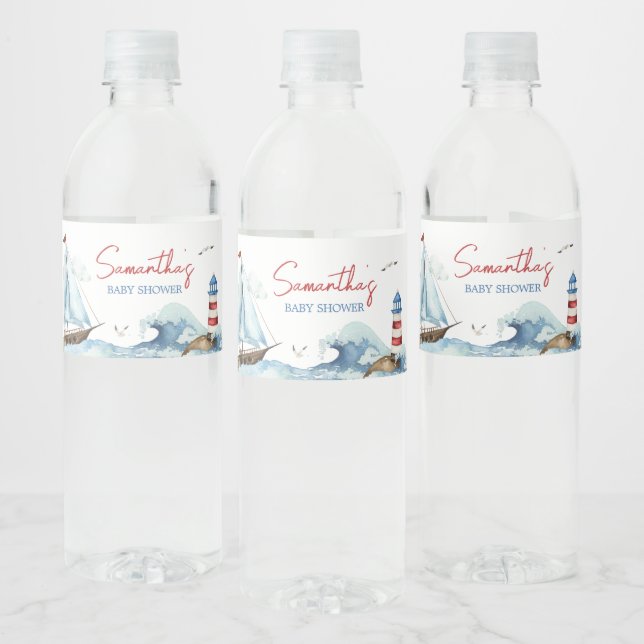 Rótulo De Garrafa De Vinho Chá de fraldas Náutico Vermelho Azul (Garrafas)