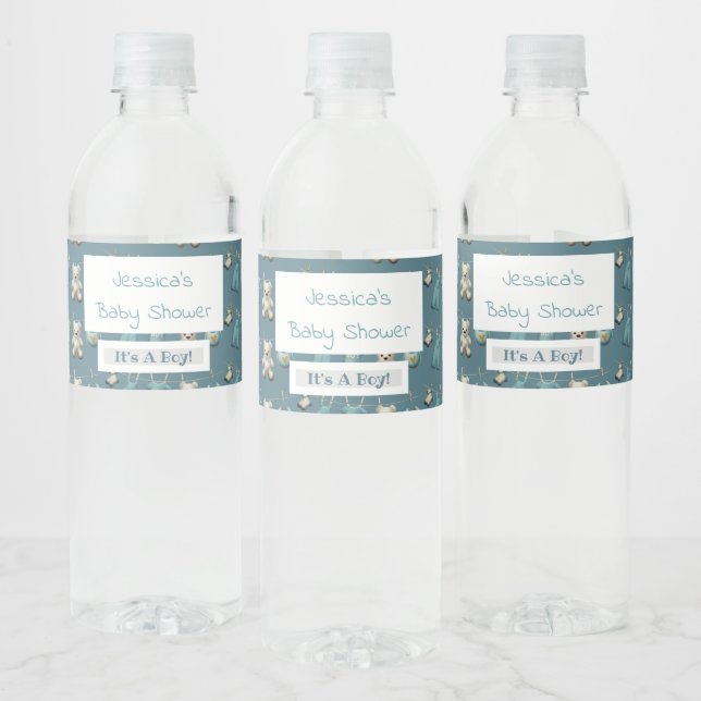 Rótulo De Garrafa De Vinho Chá de fraldas Personalizado de Urso Azul (Garrafas)