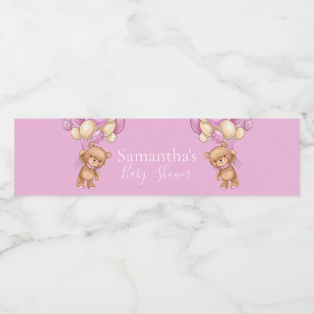 Rótulo De Garrafa De Vinho Chá de fraldas Rosa do Balão do Urso Teddy (Rótulo Único)